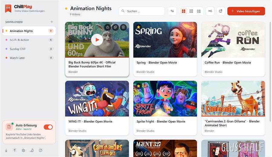 Nachher: ChillPlay mit sauber sortierten Sammlungen und großen Vorschaubildern