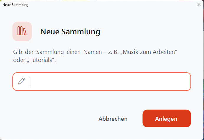 Dialog „Neue Sammlung“ mit Namensfeld