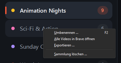 Rechtsklick-Menü einer Sammlung